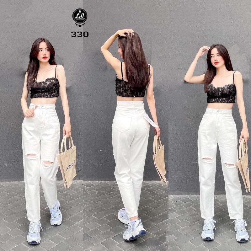  Quần baggy jean nữ trắng rách 2 gối đơn giản Lê Huy Fashion MS 330 Pants Women Ong 