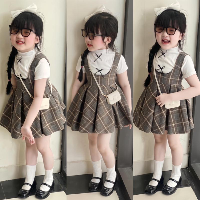  F4- YẾM VÁY KẺ SỌC NÂU  KÈM  ÁO THUN TĂM NƠ XINH CHO BÉ GÁI  10-35kg  