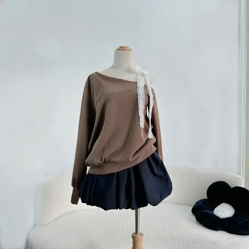 Set Bigsize CÓ LẺ ÁO (Áo + Váy) Áo Sweater Lệch Vai Dây Ren Vai Thun Nỉ Tăm Cao Cấp Phối Chân Váy Bí Ngô Dễ Thương Cho Nữ Chuppy (50-95Kg)-  Top Women 2