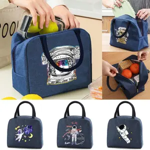 Tas tangan Lunch Bag Women's Men Insulated Cooler Food  Thermal Canvas Astronaut Print Picnic Pouch Storage Handbag