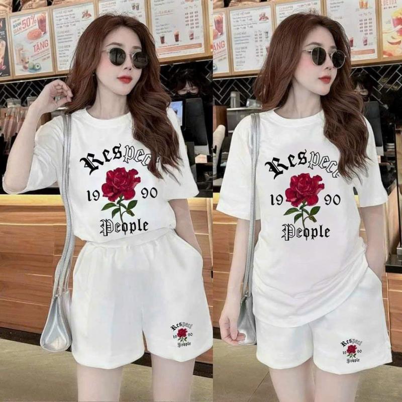 Set bộ đùi nữ mặc nhà chất cotton su phom rộng áo phông quần đùi bộ thun mùa hè in hoa đỏ đồ macnha ngủ 3