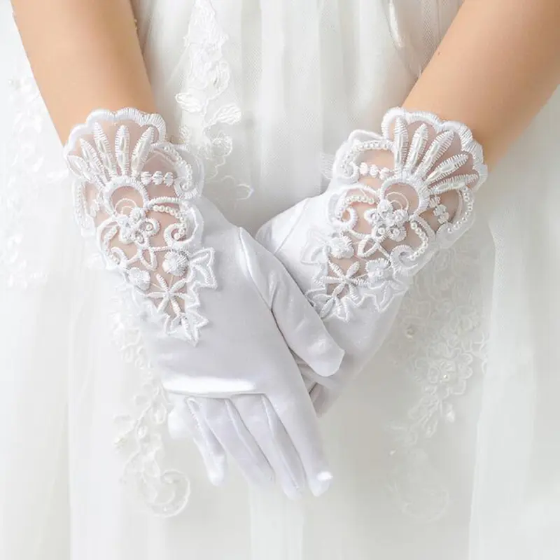 Girl Short Lace Bow Children Princess Dance Dress Glove Kids White Elastic Spandex Satin Party Formal Etiquette Mitten G79