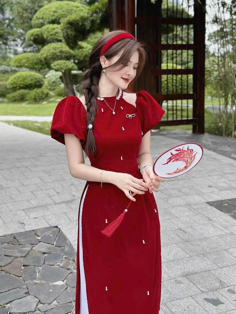 Product Introduction of Sét Áo Dài nữ cách tân, Đính cườm, tay ngắn, Thích Hợp Cho DỊP TẾT Women Nhung Dress Màu Đỏ 23