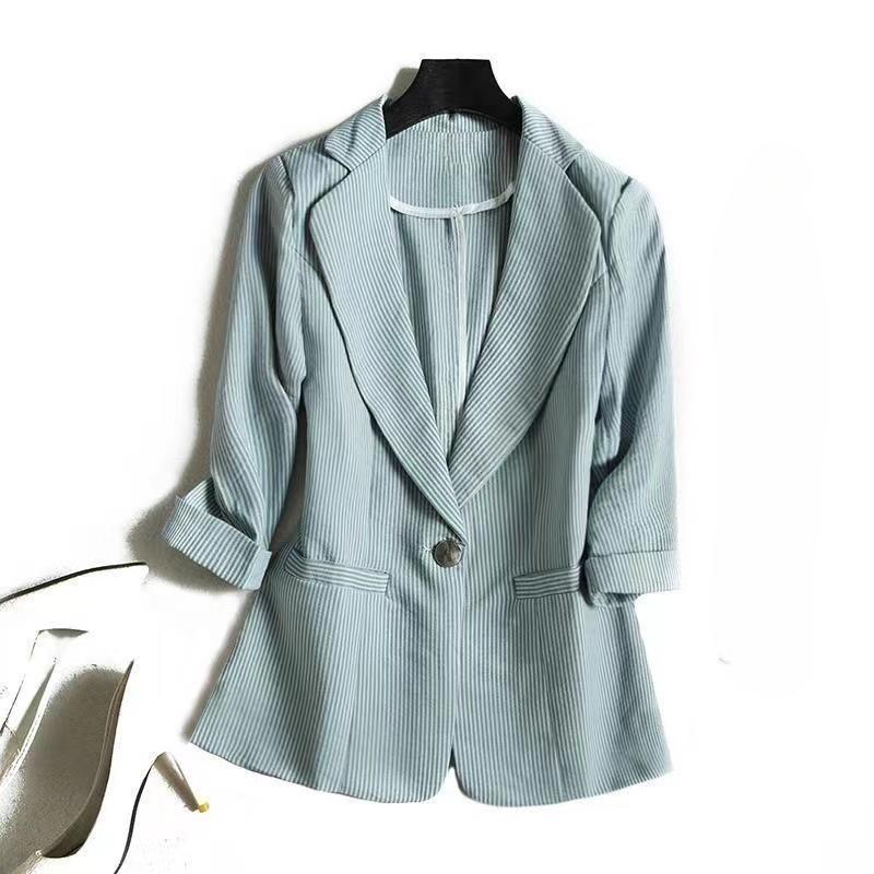 Áo Khoác Blazer Nữ, Kẻ Sọc, Dáng Ôm, Tay Áo Ba Phần Tư, S-3XL, Thích Hợp Cho Mùa Xuân, Mùa Hè Và Mùa Thu, Thời Trang, Thường Ngày, Thanh Lịch, Bộ Đồ Công Sở, Có Màu Đen, Trắng, Hồng Và Xanh Lá Cây 3