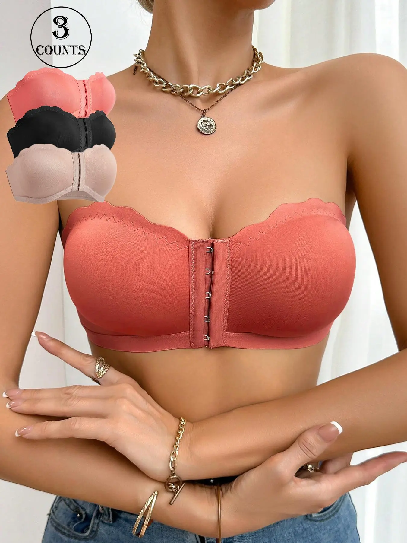 Women's Solid Color Front-Closure Push Up Strapless Bra, Casual Comfortable Breathable Scallop Trim Wireless Bra, Lingerie for All Seasons