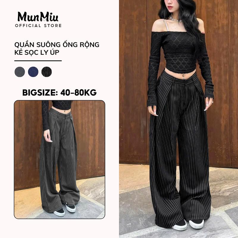 Quần ống rộng MunMiu form suông kẻ sọc ly úp BIGSIZE phong cách trẻ trung năng động Hàn Quốc 9905