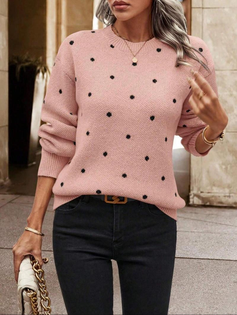Product Introduction of Women's Polka Dot Print Drop Shoulder Longsleeves Crewneck Sweater, Long Sleeve Round Neck Jumper for Fall & Winter, Fashion Ladies' Knitwear for Daily Wear, Comfort Lady Tops, Casual Womenswear,  Modest Outfits 7