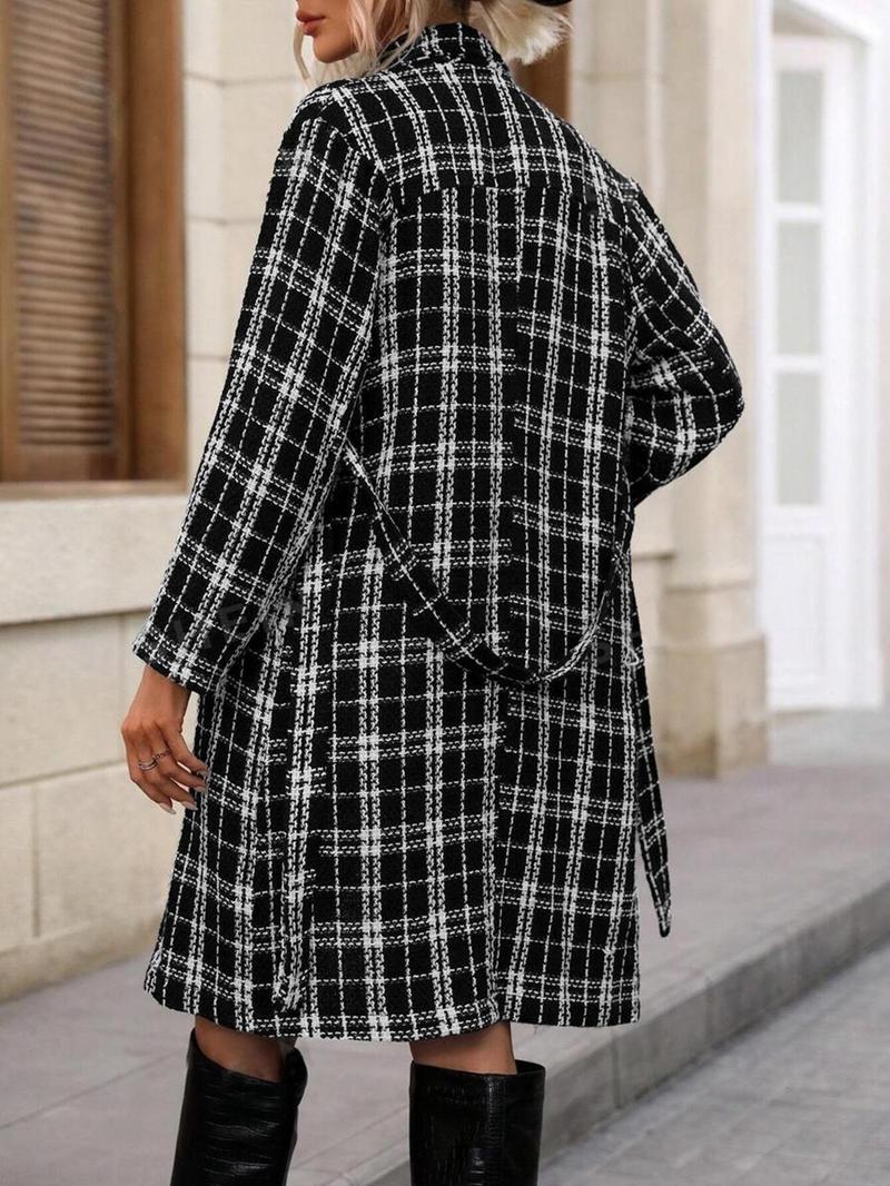 Product Introduction of Women's Plaid Print Button Front Belted Coat, Elegant Long Sleeve Lapel Neck Outerwear for Fall & Winter, Ladies Clothes for Daily Wear 2