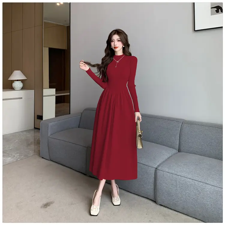 Váy Dệt Kim, Phong Cách Pháp, Cổ lọ thấp, Tay Áo Dài, Bó Sát Eo, Dễ Phối Đồ, Váy Chữ A, Nhìn Trẻ Trung, Chất Liệu Dệt Kim, Thích Hợp Cho Phụ Nữ, Hàng Mới Về, Áo Trên Bán Chạy Cho Mùa Thu Và Mùa Đông