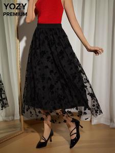 YOZY Women's Floral Print Contrast Mesh Flared Skirt, Elegant Fashion Casual Midi Skirt for Daily Outdoor Wear, Ladies Bottoms for All Seasons