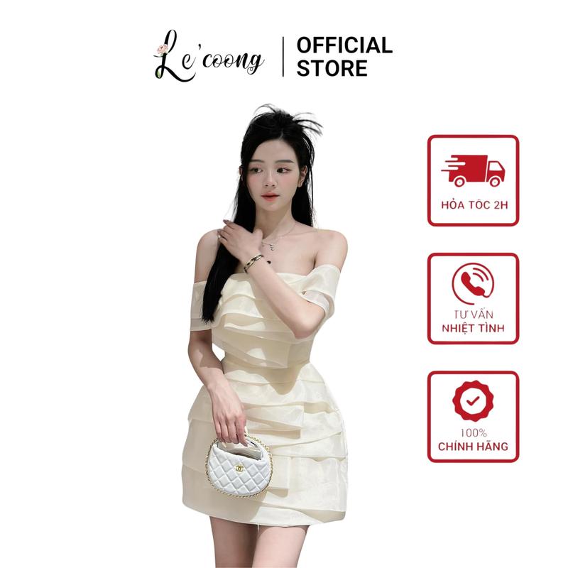 Váy Đẹp Tiểu Thư Trễ Vai Dáng Ngắn LECOONG V464 Đầm Dự Tiệc Chất Tơ Xếp Tầng