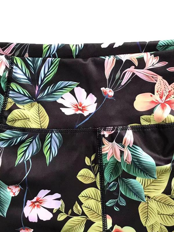 Sporty Women's Floral & Leaf Print Pocket High Waist Sports Skinny Gym Shorts, Casual Comfy Breathable High Stretch Seamless Short Leggings for Yoga Gym Workout Running, Ladies Sportswear 7