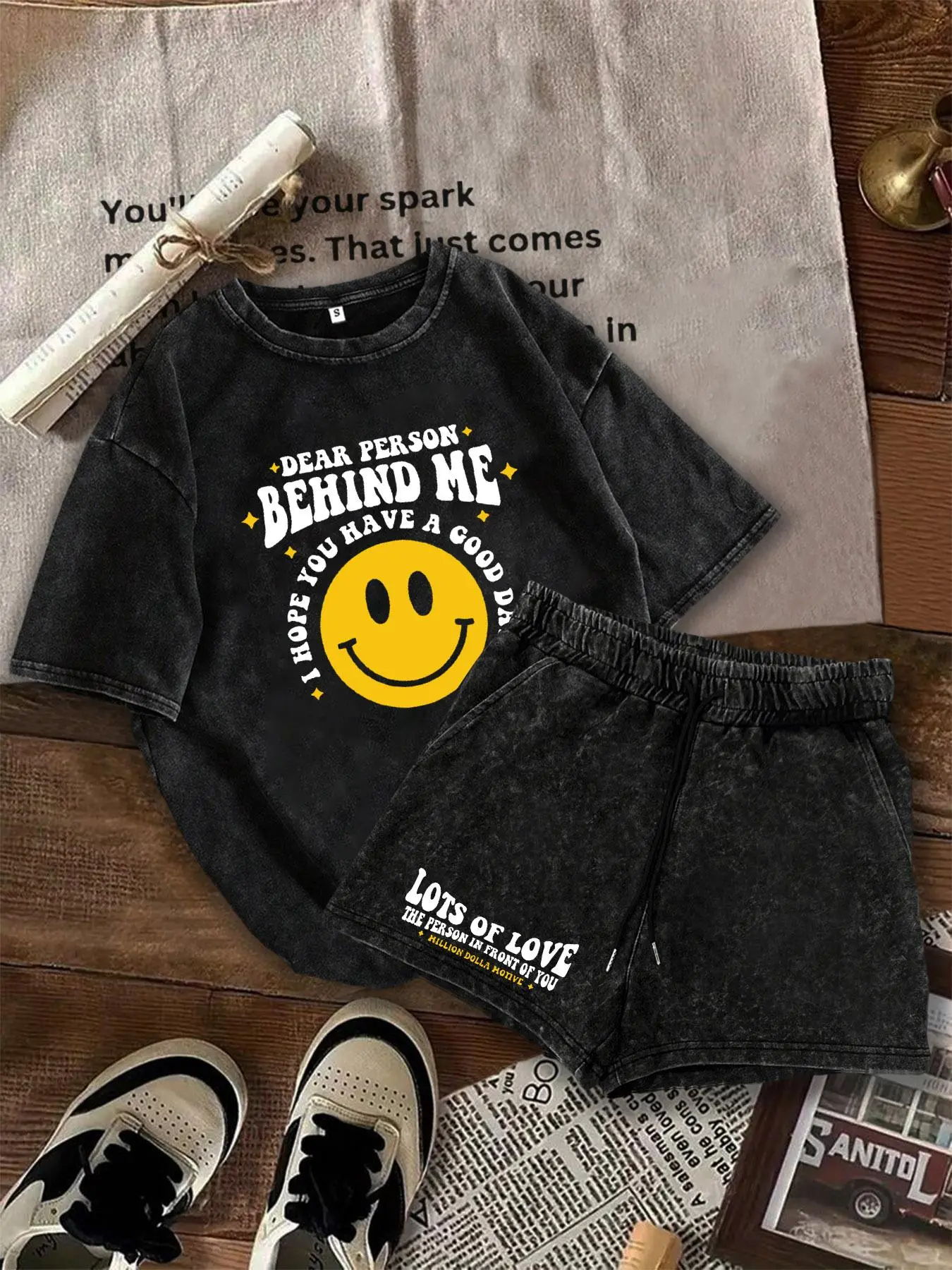 Two-Piece Set Women's Cartoon Face Print Short Sleeve Tee & Skinny Shorts, Casual Fashion Round Neck T-shirt & Shorts for Daily Wear, Ladies Summer Clothes, Suits