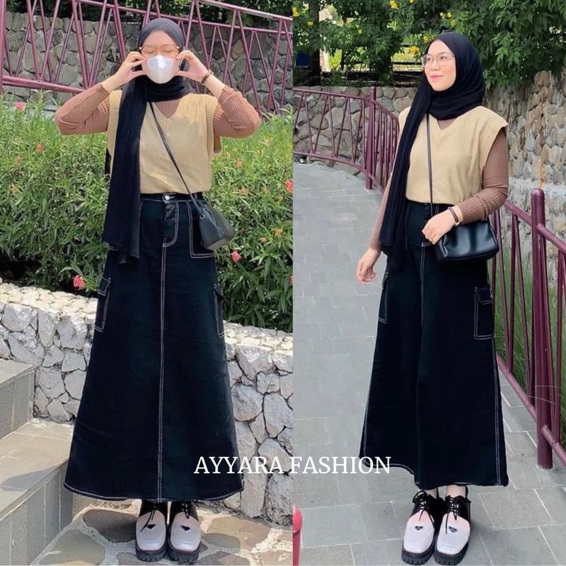 ROK JEANS CARGO LIST SKIRT WANITA ROK KARGO HIGHWAIST PANJANG 3