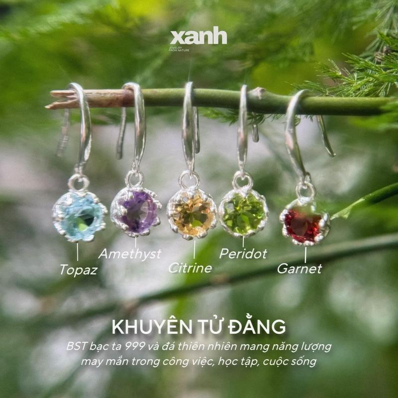 Khuyên tai móc hoa Tử Đằng đá đa sắc thiên nhiên Topaz Citrine Garnet Amethyst Peridot ngũ hành 5 mệnh phong thủy may mắn lấp lánh xinh đẹp - Xanh Jewelry Voi Hoa đá garnet đỏ Voan 0