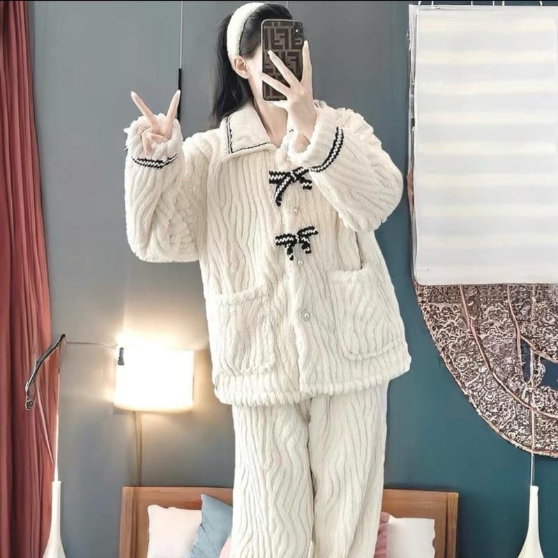 [ Hàng L1 ]set bộ ngủ lông tay dài nơ trắng mềm mại ấm áp set bộ cho nữ siu ấm Women  Áo Dài Tay Nhung Top Voi Nho bộngủ lôngnữ