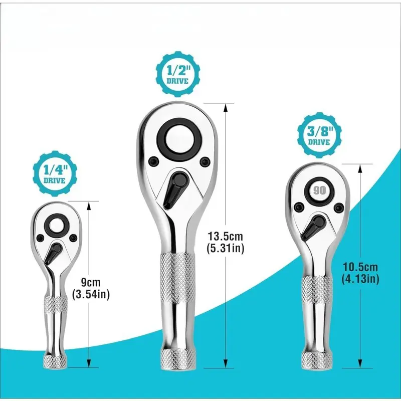 Stubby Ratchet Wrench Set, 1 Set 72-Tooth 1/4" 3/8" 1/2" Drive Socket Wrench, Mini Small Ratchet with CR-MO Head, Quick-Release & Reversible Design 1