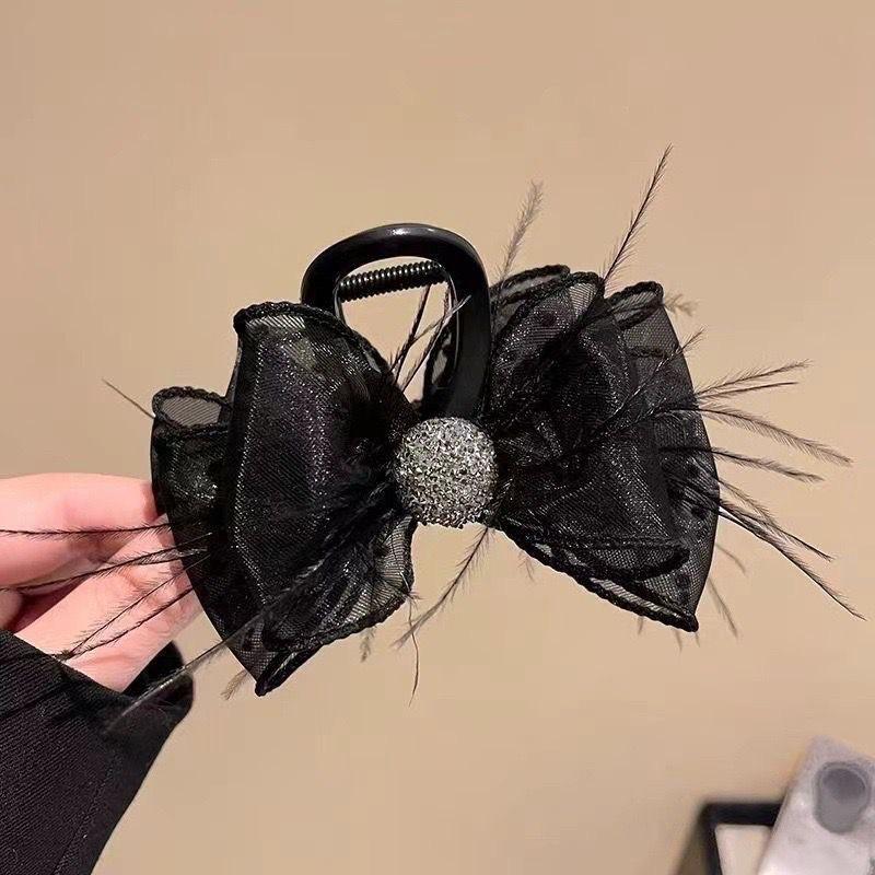 (Kẹp dọc 8cm) Kẹp tóc đính nơ voan phối lông vũ phong cách Hàn Quốc xinh xắn