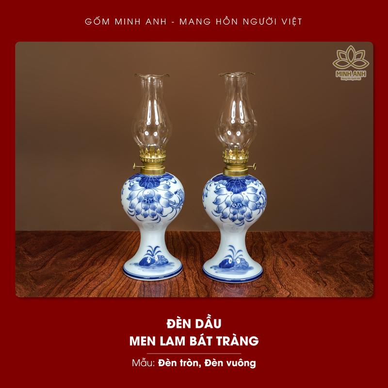 Đèn thờ cúng gia tiên men Lam Bát Tràng trang trí trên bàn thờ gia tiên decor phòng trang trí nhà đồ thờ thịnh vượng