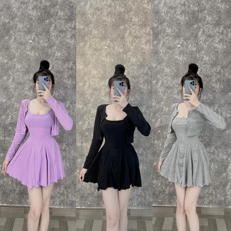 S69 Set Váy 2 Dây Xoè, Kèm áo Khoác (KHÔNG KÈM QUẦN)- Chất Thun Gân Co Giãn Cao - Freesize 45 - 55kg Nữ Dress Đầm Tím Women Kem Tim Đen Màu Đen