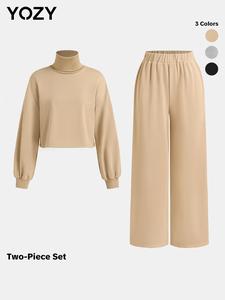 YOZY Two-Piece Set Women's Solid Long Sleeve High Neck Top & Elastic Waist Pants Set, Casual Fashion Cozy Outfits for Daily Outdoor Wear, Women Clothes for Fall & Winter, Valentine's Day Outfit