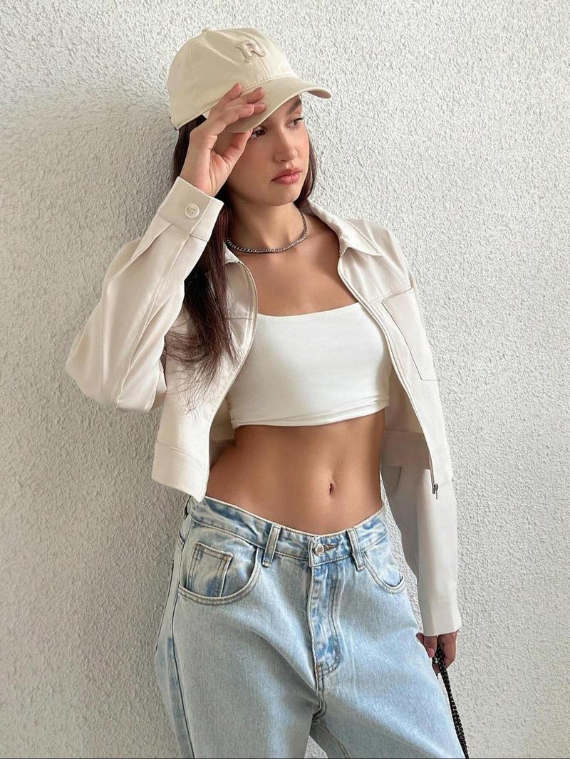 Product Introduction of Women's Solid Drop Shoulder Zip Up Crop Jacket, Casual Long Sleeve Collared Pocket Outerwear for Spring & Fall, Ladies Clothes for Daily Wear 5