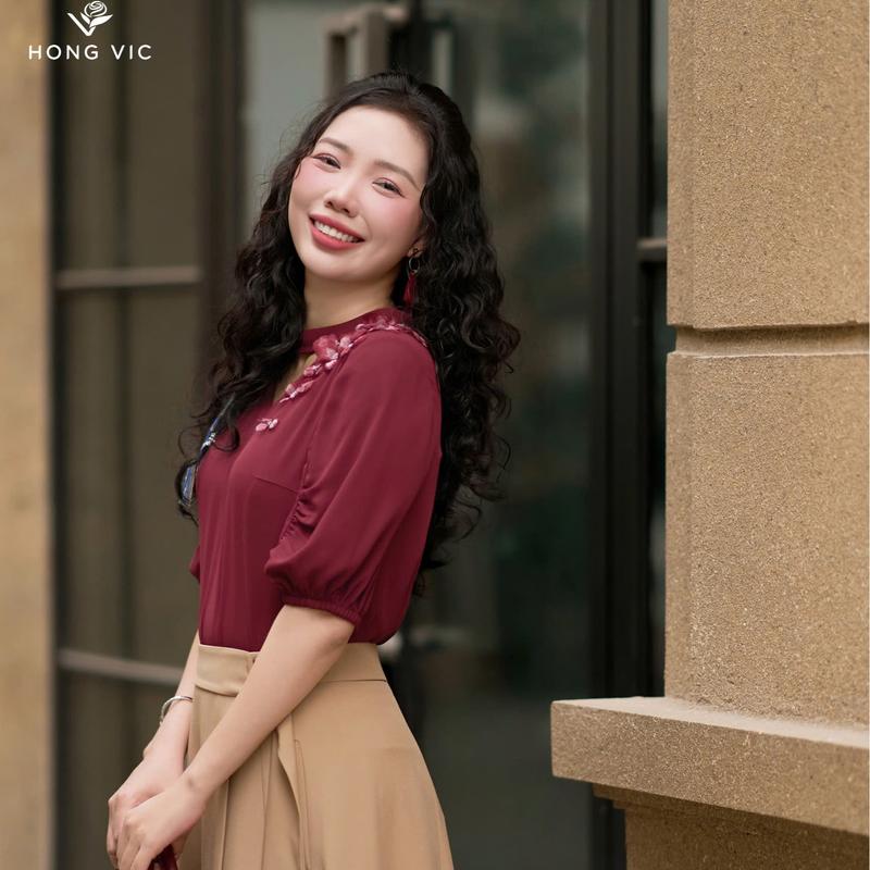 Áo lụa đỏ mận tay nhún SM653 -Hàng thiết kế HONG VIC. 4