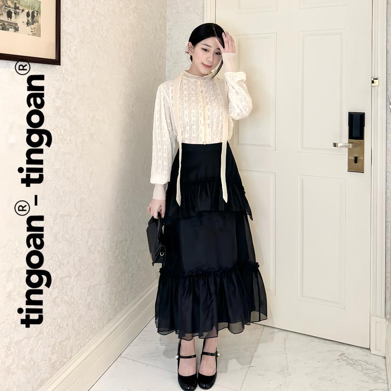 TINGOAN - Chân váy dài cạp cao đen thêu chữ tingoan cạp váy bèo nhỏ 2 tầng LIU WEN SKIRT BL