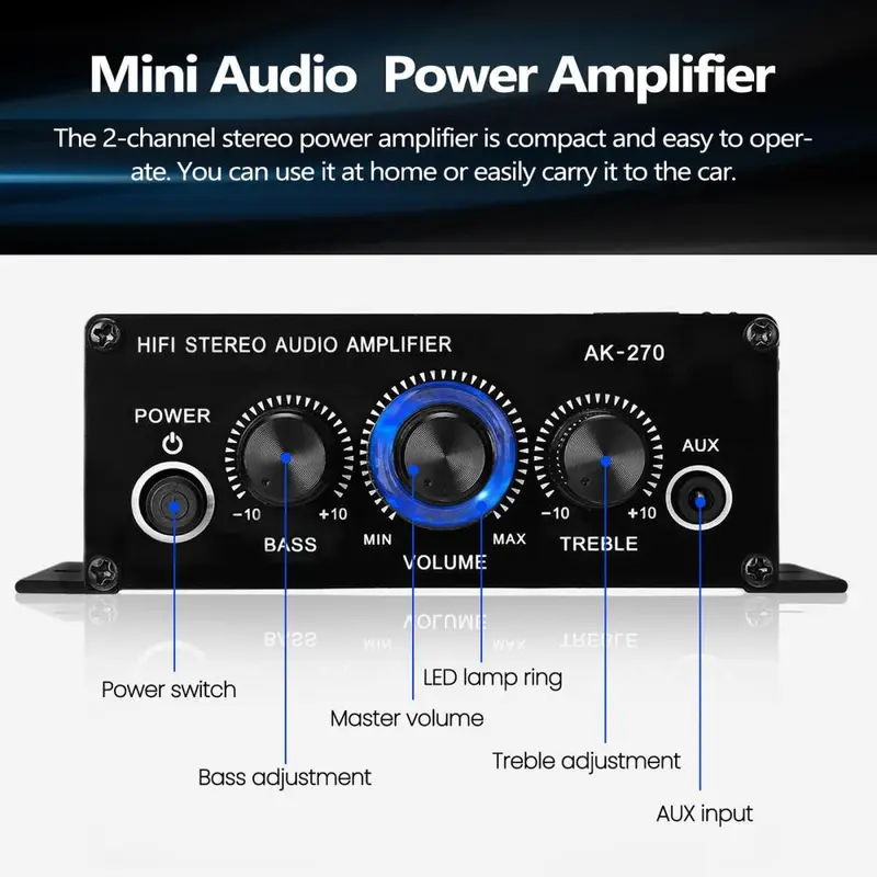 Bộ khuếch đại âm thanh nổi mini, AMP, 12V 2A, Âm thanh 2 kênh, Đầu vào âm trầm và âm bổng, 3,5 mm AUX, Thích hợp cho loa nguồn 6