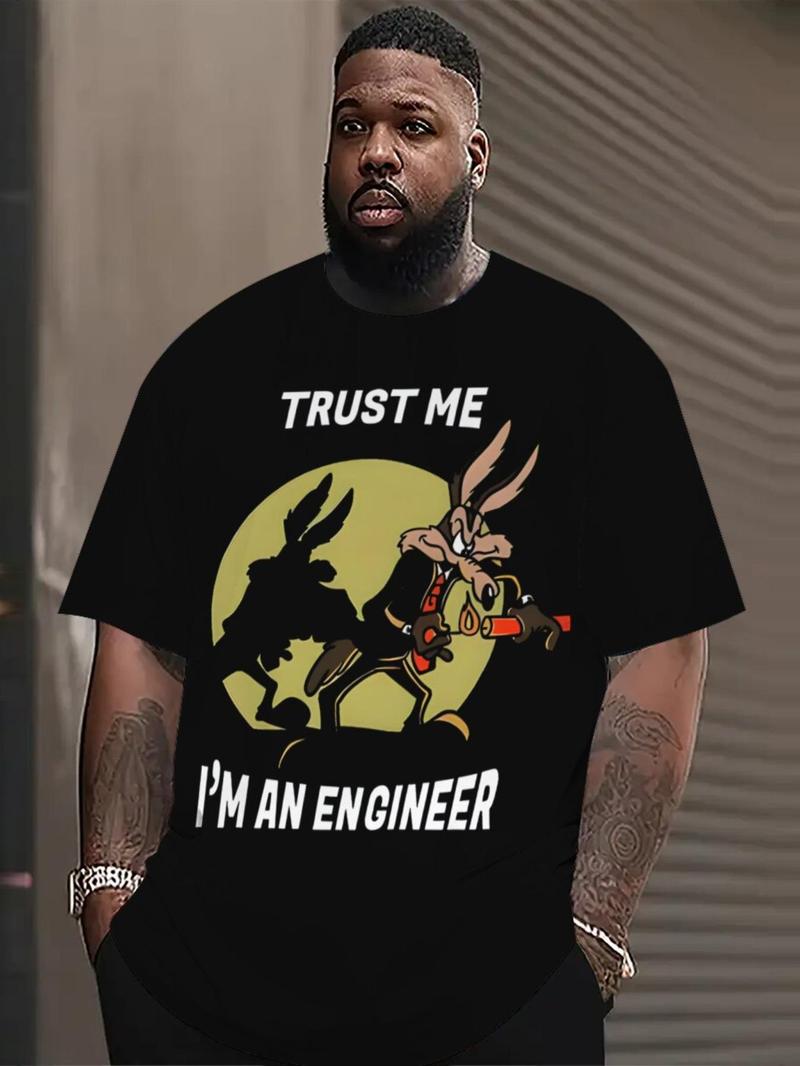 Product Introduction of 【Plus Size】 Cartoon & Letter Print Round Neck Tee, Regular Fit Casual Short Sleeve T-shirt for Daily Wear, Men's Clothing for All Seasons 1