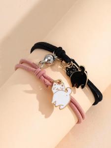 Pulsera de cuerda con nudo magnético y dije de gato de dibujos animados, 2 piezas de pulseras a juego de moda para hombres y mujeres, regalo chic para pareja y amigos