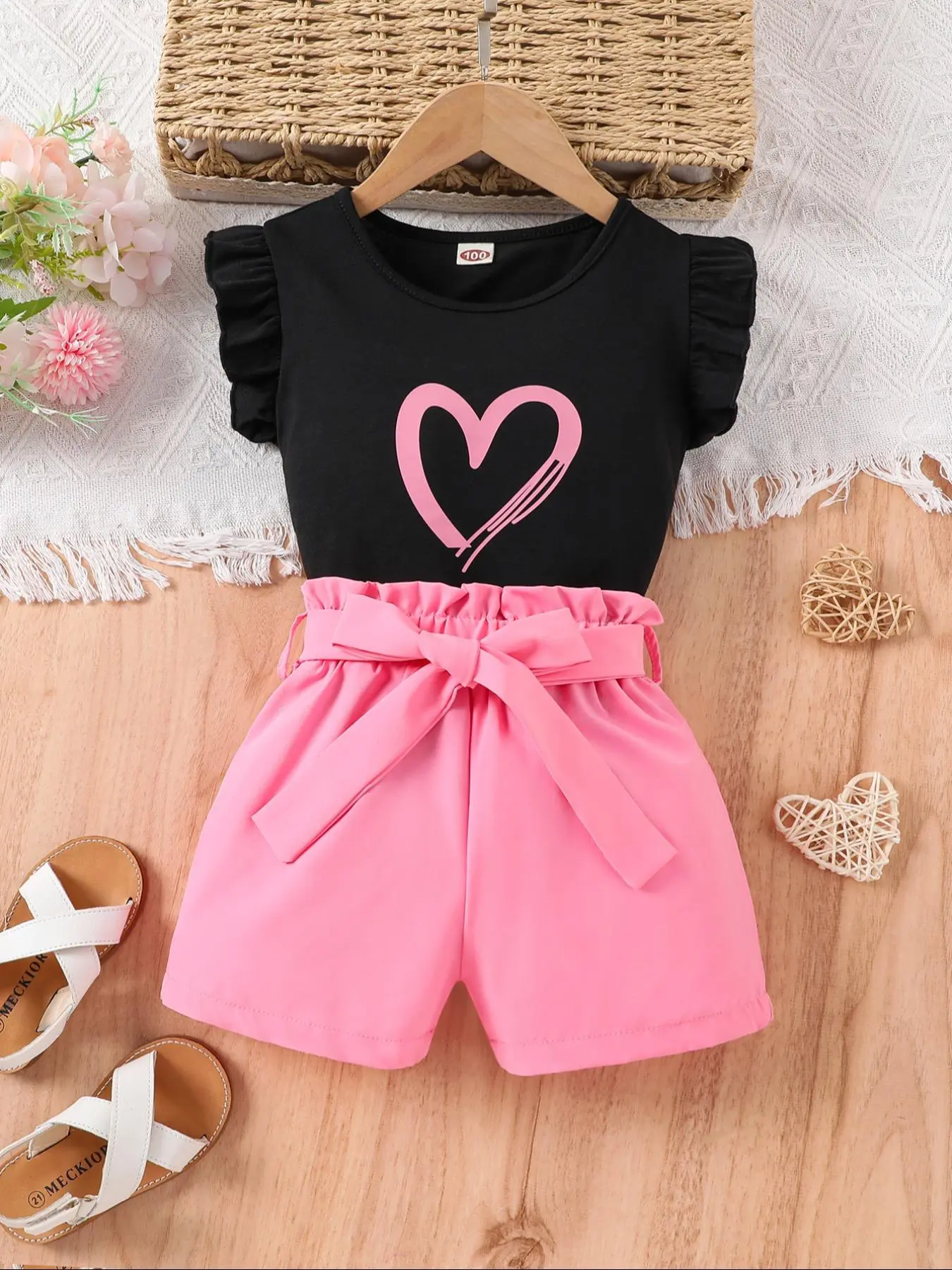 Toddler Girl's Heart Print Tank Top & Belted Shorts Two-piece Set, Casual Crew Neck Top & Solid Color Shorts, Summer Outfits Clothes for Kids, Clothing