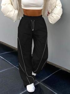 Women's Plain Contrast Binding Drawstring Pocket Cargo Pants, Casual Street Loose Trousers for Daily Wear Outdoor, Women Trousers for Spring & Fall