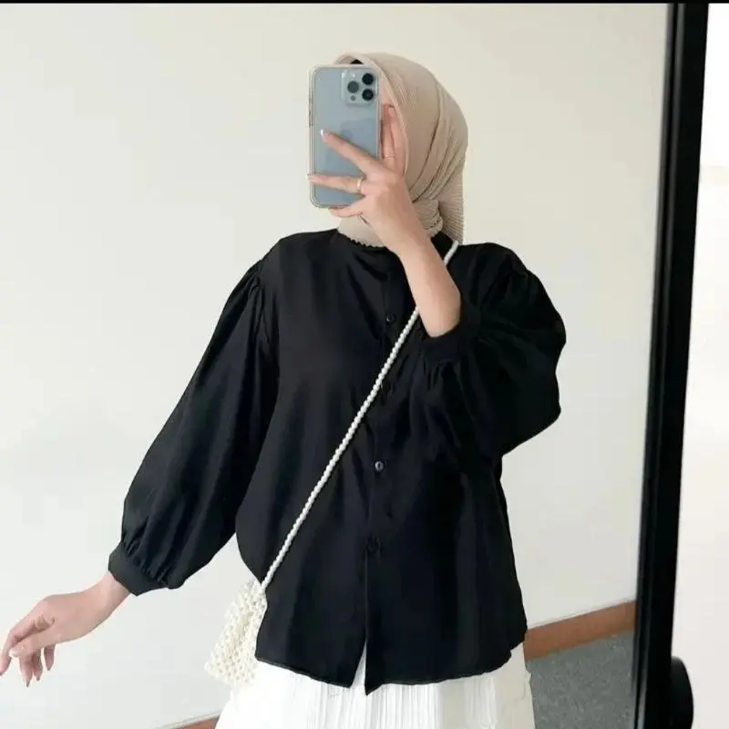 Elze Blouse Polos Shakilla Twil Atasan Kemeja Wanita Lengan Balon Basics White 2