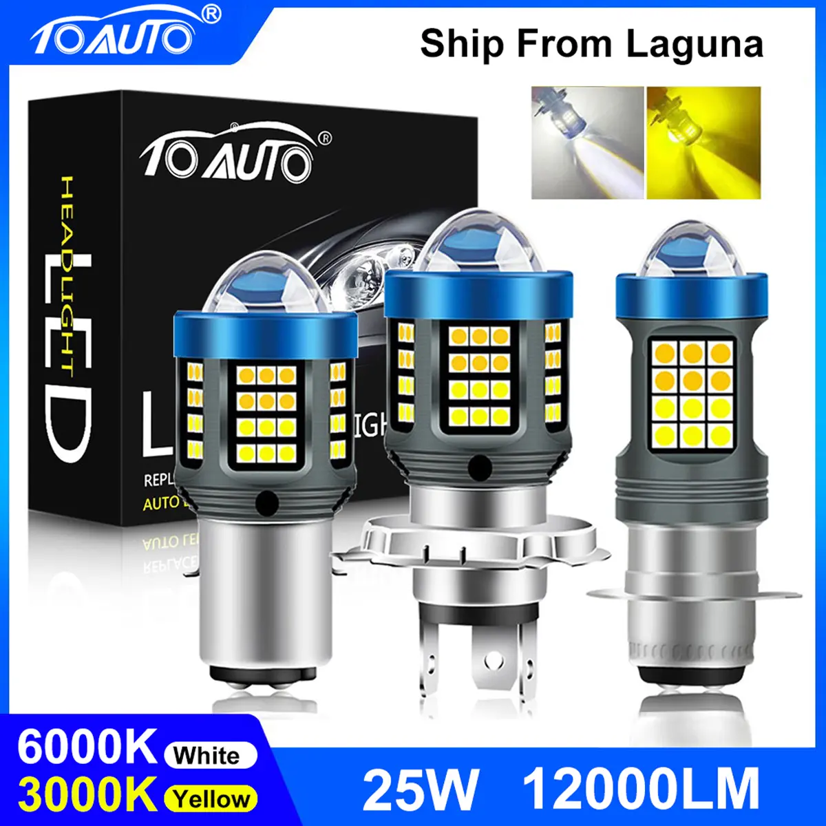 TOAUTO 1PCS 360° Motorcycle Led Headlight 25w Projector lens Mini Driving Light Spot Lights T19 P15D H4 H6 High Low Beam White Yellow Light