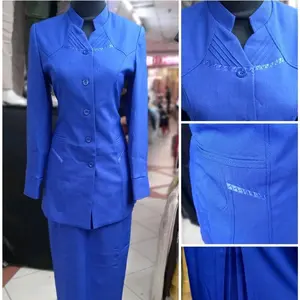 Stelan Blazer Wanita Biru Benhur Kerah Sanghai Set Rok dan Celana
