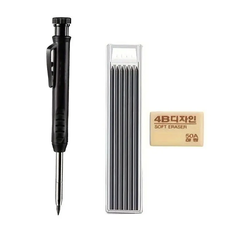 Woodworking Marker Pen Set, 3 Counts/set Long Head Deep Hole Marker Pen & Refill & Eraser, Adjustable Quick Dry Marker Pen, Professional Woodworking Marker Pen for Home and Office 1