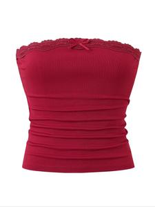 Top tipo tubo corto de encaje de contraste con decoración de moño, Top sin mangas Y2K de moda dulce para uso diario y al aire libre, Ropa de verano para damas, Top corto