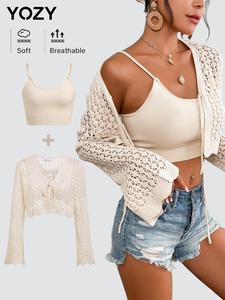 YOZY Boho Hollow Out Outwear & Spaghetti Strap Crop Top Set/ Long Sleeve Outwear & Basic Sleeveless Cami Top, Women's Summer Outfits for Daily Wear