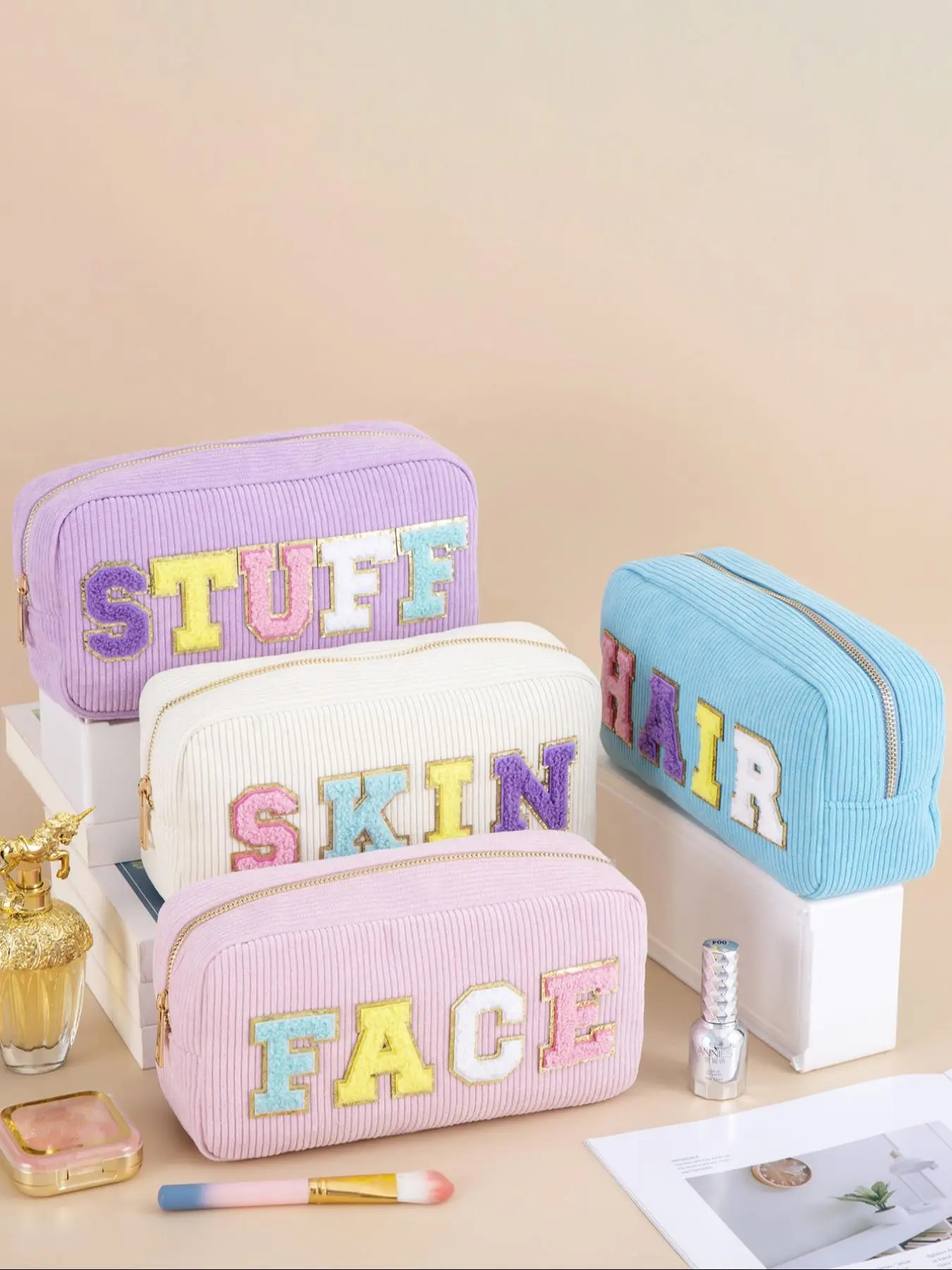 Letter Pattern Makeup Bag, Cosmetic Pouch, Cute Corduroy Zipper Makeup Bag, Versatile Storage Bag for Travel, Office, School, Makeup Organizer