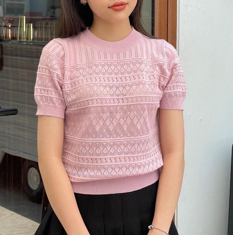 Áo Nữ Thiết Kế Mùa Hè, Họa Tiết Kẻ Sọc Kim Cương, Cổ Tròn Hàng Loại 1 Nữ Women Kem Top Nhung Thoáng khí 6