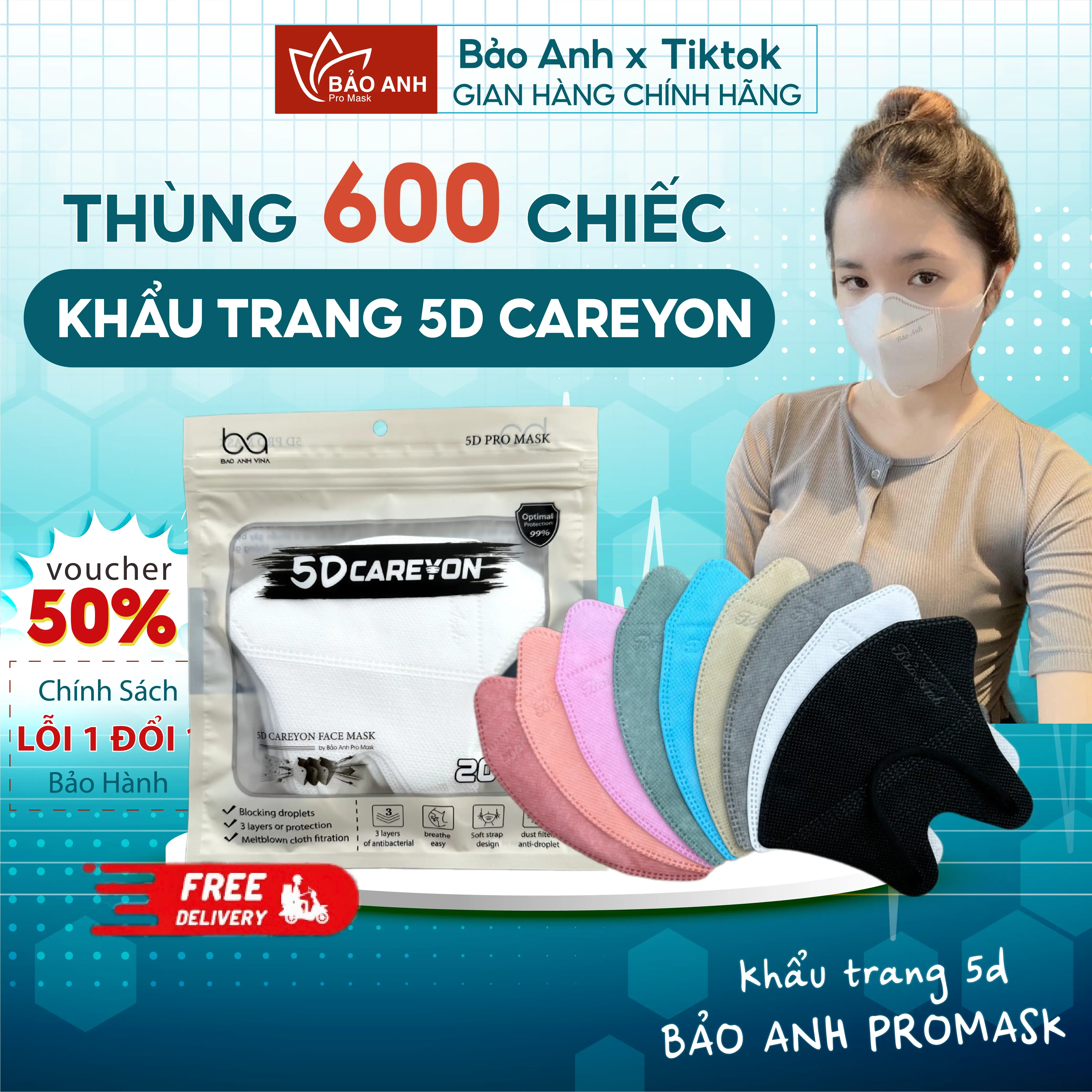 [ Thùng 600 Cái ] Khẩu Trang 5D CAREYON Chống Tia UV, Khẩu Trang Y Tế 3 Lớp Kháng Khuẩn Cao Cấp - 1