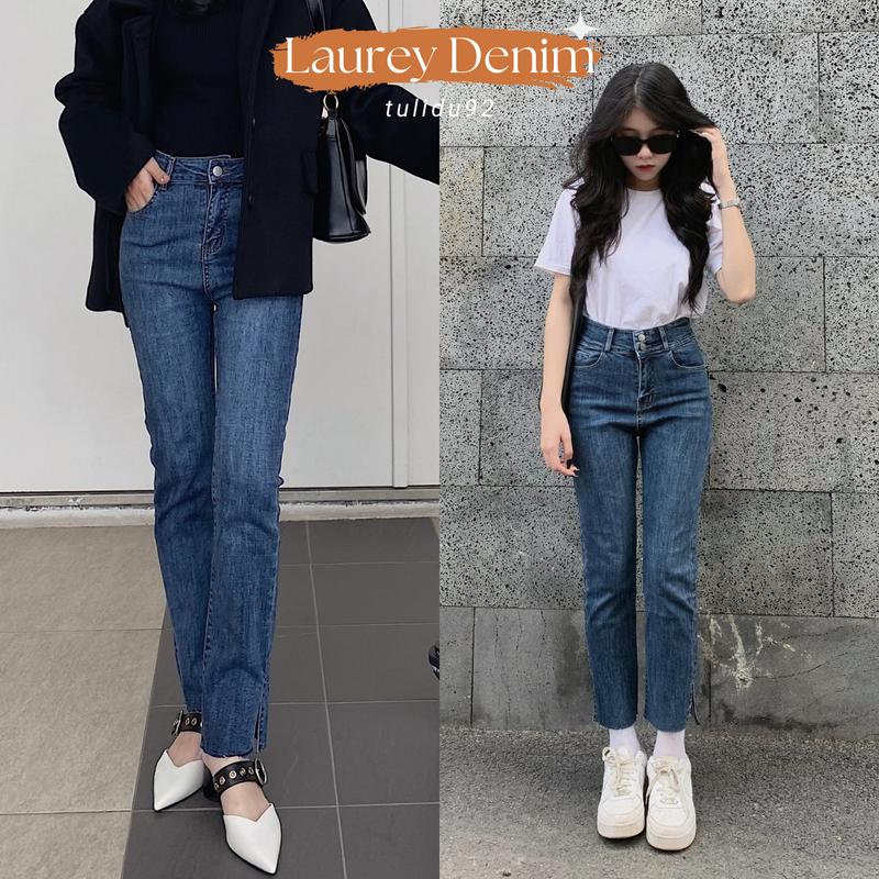 Quần Jean Ống Đứng Nữ Lưng Cao Xẻ Tà Co Giãn Tulidu