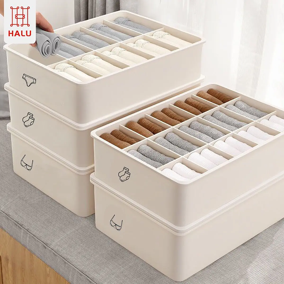 Halu Underwear Storage Box Pelastik Putih Kotak Penyimpanan Pakaian Dalam Kaos Kaki Dengan Tutup Tempat Penyimpanan Pakain Dalam Serbaguna Made In Indonesia HSB181