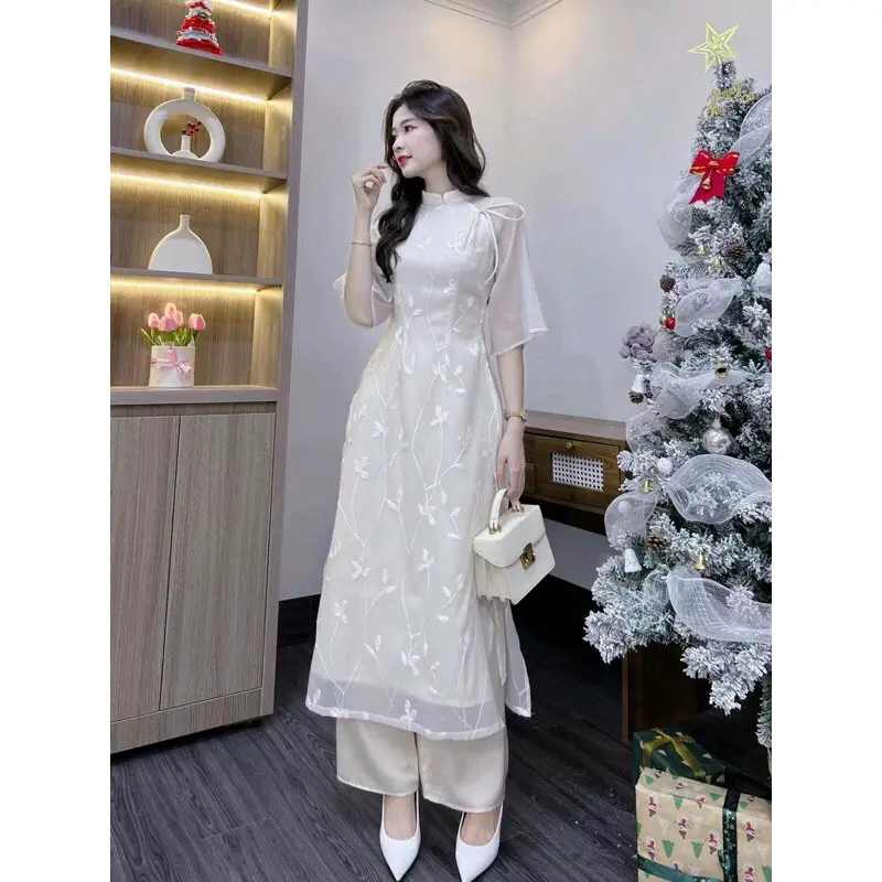 Áo dài  4tà thêu tay (đồng phục) Nữ xl đội hình màu tím nhạt