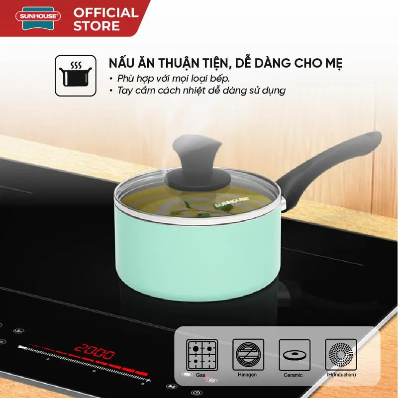 Quánh chống dính đáy từ Sunhouse SHG-MP16M - Đáy từ - Chống dính 2 lớp an toàn -Tay cầm cách nhiệt, vung kính bền 3
