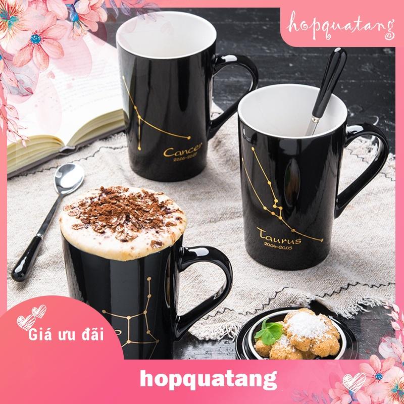 Ly cốc sứ màu đen và trắng có nắp in hình 12 cung hoàng đạo lấp lánh