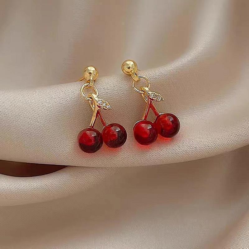 Product Introduction of Necklace Earrings 925 Silver Red Cherry Earrings Simple and Compact Temperament Wild Ins Style High Sense Ornament 2