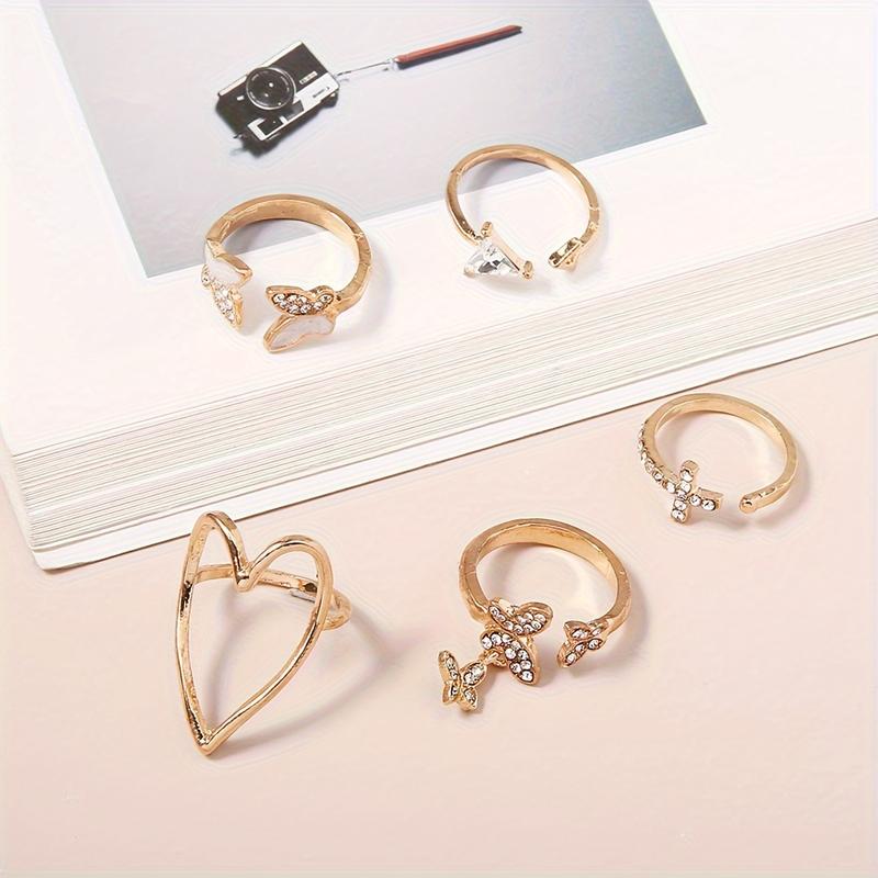 Product Introduction of 5pcs/set Random Rings Elegant Heart Butterfly Triangle Ring Alloy Rings Valentine's Day Gift 4