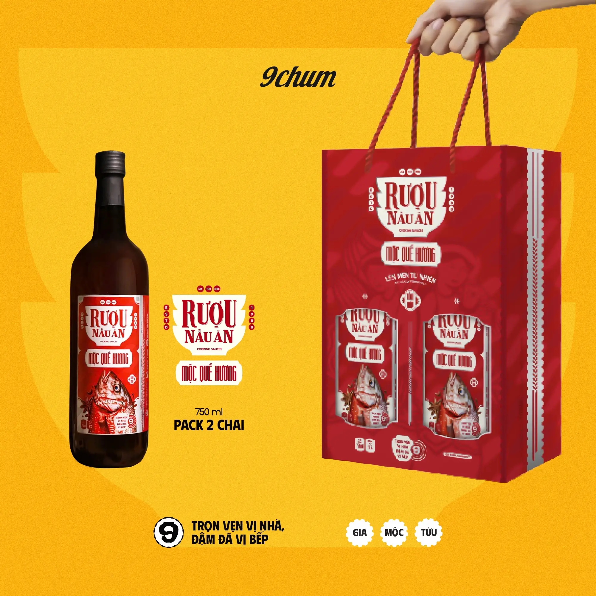 [9chum] Pack 2 chai rượu nấu ăn Mộc Quế Hương 750ml, chai thuỷ tinh, túi xách quà tặng sang trọng, Made in Việt Nam